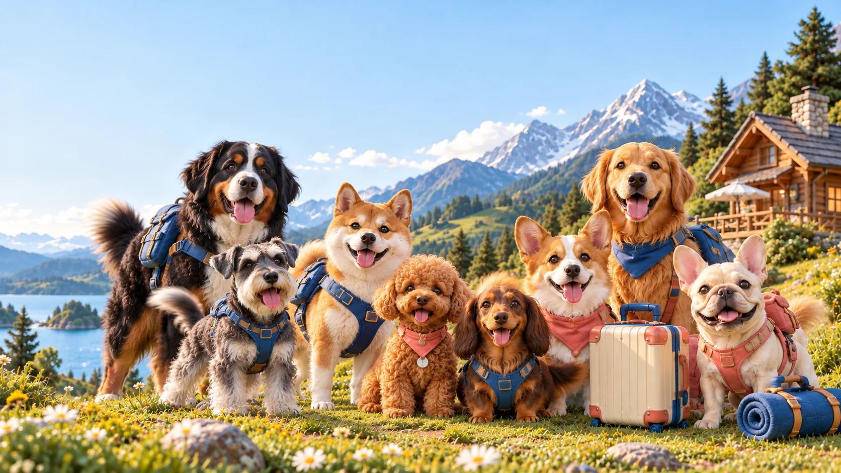 シュナウザー、バーニーズ、柴犬、プードル、ダックス、コーギー、ゴールデン、フレンチブルドッグが湖畔の旅を楽しむAI生成の写真風イメージ